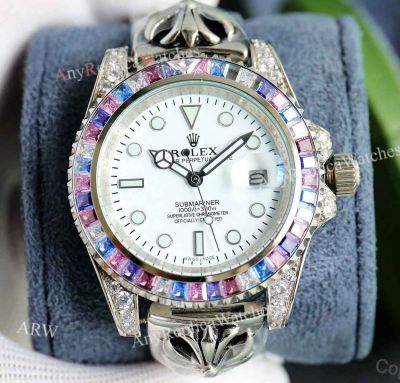 Copy Rolex Submariner White Face Diamond Bezel Steel Strap Citizen 8215 Watches